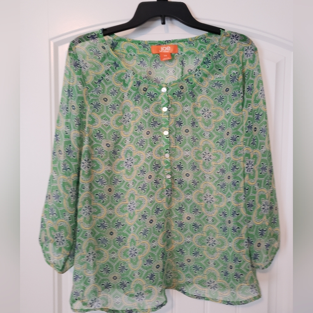 Joe Fresh Green Yellow & Blue qtr Sleeve SHEER top Size Large